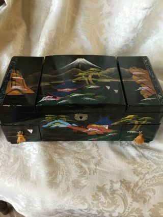 Black Lacquer,  Japan Jewelry Box,  Vintage Marked,  Inlaid Mountain Scene