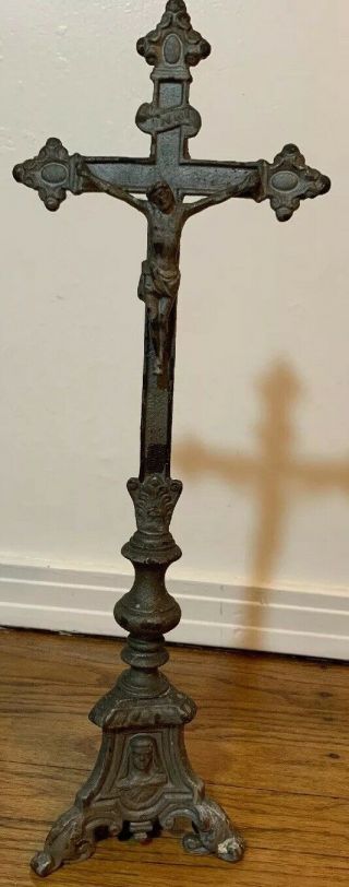 Vintage 19 " Heavy Metal Crucifix Standing Base W/mary & Saints Carved On Base