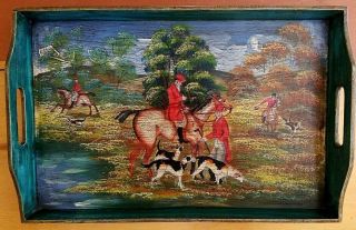 Vintage Wooden Tray Equestrian Fox Hunt Hand Painted Horse And Hound Scene