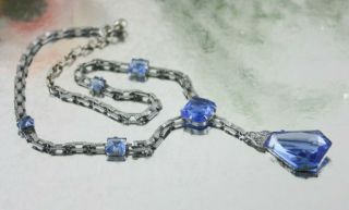 Vintage Art Deco Czech Faceted Blue Glass Rhodium Silver Necklace Pendant Lariat