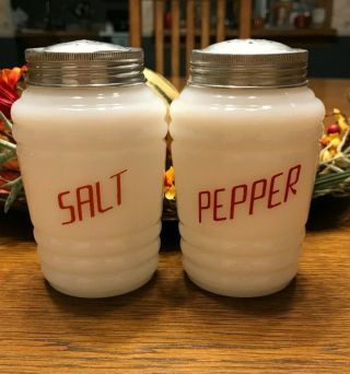 Vintage Milk Glass Salt & Pepper Shakers Red Letters Beehive Ribbed Hazel Atlas