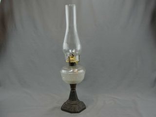 Antique Oil Lamp Font Cast Iron Base Glass Chimney Socony No.  1 Burner