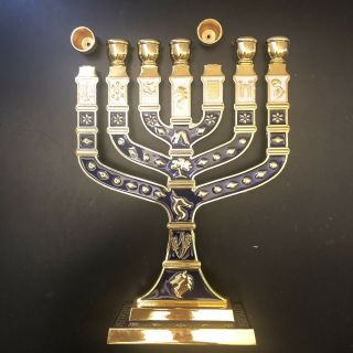 7 Branch Menorah - 10 " Gold Tone W/ Blue Enamel & 12 Tribes Of Israel Jerusalem