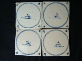 Delft Blue Dutch 18th Century Tiles - - Set Of 4 - - 3 Dogs And 1 Hare