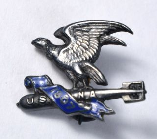 Old 1907 Us Naval Academy Navy Silver Pin,  Eagle Torpedo Enamel Blue Banner 1/2 "
