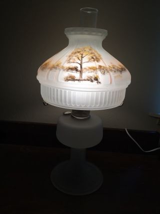 Lamp Converted Oil 2 Electric Base Reverse Image Hand Painted Shade 1981