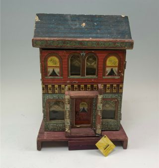 Antique Bliss Wood 2 - Story Dollhouse W/ Lithographed Designs,  Curtains