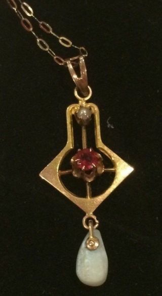 Antique Vintage Victorian 10k Gold Lavalier Pendant - Garnet - Pearl,  Chain