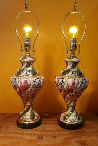 Italian Vintage Capodimonte Porcelain Hand Painted Table Lamps