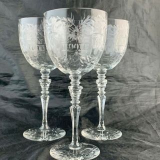 Antique Fine Cut Crystal Wine Glass Flower Garland Swag Etched 8 " Tall Set 3