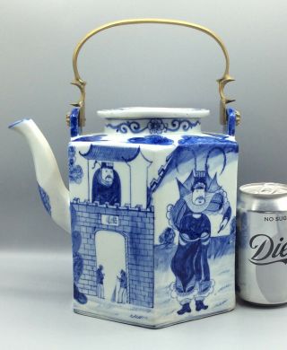 Large Vintage Chinese Blue & White Figures Teapot
