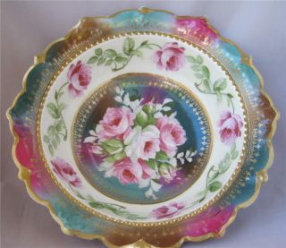 Large Vintage Hand Painted M Z Austria 11 " Porcelain Bowl Pink Red White Roses