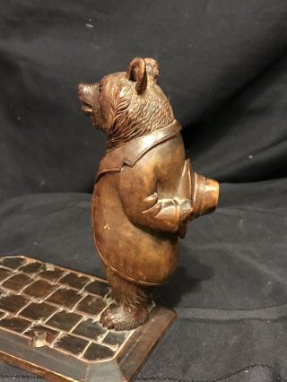 Vtg.  Black Forest Hand Carved Wood Bear On Stand W/glass Eyes.  (7 In Tall) W/hat