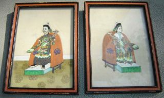 2 Antique Vintage Chinese Gouache Paintings On Pith Paper Late 19th Century