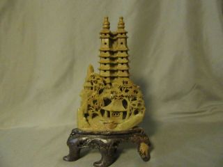 Vintage Chinese Hand Carved Soapstone Double Pagoda Village Pagoda Temple 10 "