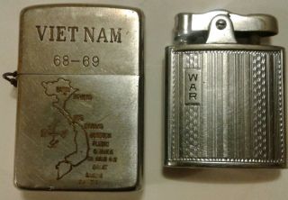 2 Vintage Lighters Zippo Lighter Vietnam War 68 - 69 Ronson Engraved War