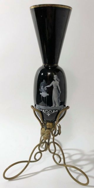 Rare 19th C Victorian Mary Gregory Black Amethyst Epergne Vase Webb
