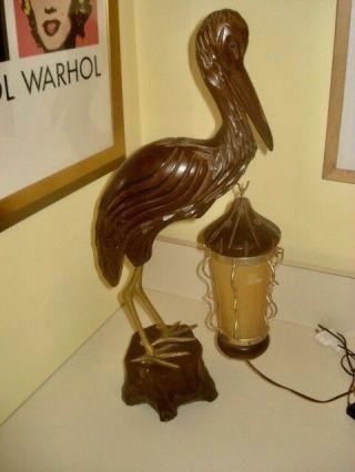 Vintage Aldo Tura Style Wood,  Brass & Parchment Figural Bird Lamp