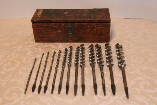 Vintage Russell Jennings Spur Auger 12 Bit Set In 3 Tier Wood Box