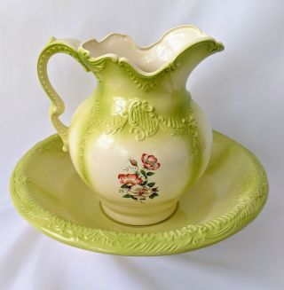 Vintage Large Ironstone Pitcher And Basin Set Wash Jug And Bowl Flowers Green