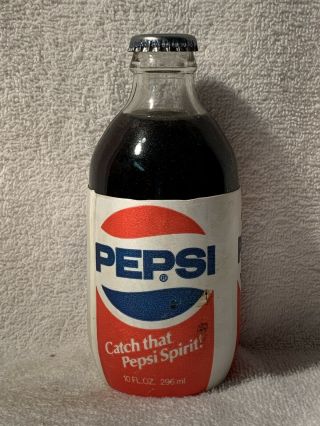 Full 10oz Pepsi - Cola Foam Label Pop Top Soda Bottle “catch That Pepsi Spirit”