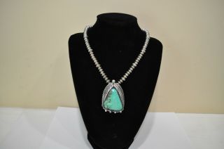 Vintage Native American Turquoise Sterling Silver Pendant And Necklace,  Signed
