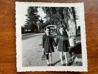 Vintage1952 B&w Snapshot Photo Of Young Twin Girls In Matching Coats