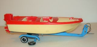 Vintage 1960s Tonka Clipper Red & White Toy Boat W/outboard Motor & Blue Trailer