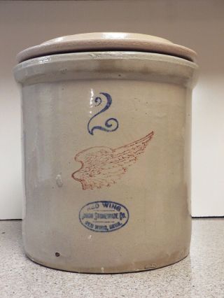 Antique Red Wing 2 Gallon Crock With Lid Union Stoneware Red Wing