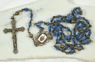 Vintage Sterling Rosary Sacred Heart Enamel Blue Glass Beads Catholic Rosary