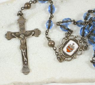 Vintage Sterling Rosary Sacred Heart Enamel Blue Glass Beads Catholic Rosary 3