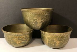 Antique Indonesia Bali Hindu Bokor Bowl Brass Engraved Wayang Golek Ringing Bowl