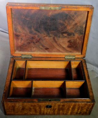 Antique Early American Ash Burl Sewing Box Inlaid Mahogany Divided Tray Interior