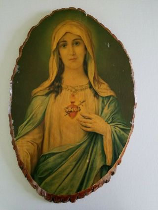 Sacred Heart Of Mary Picture On Wood 20 " X 13 " Vintage Collectible Christianity