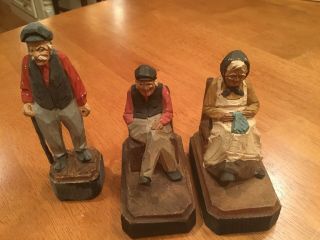 3 Andre Bourgault Hand Carved Painted Wood Couple On Rocking Chairs,  Man W Cane