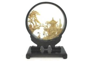Vintage San You Chinese Cork Art 4.  5 " Carved Diorama Lacquer Wood Glass Box