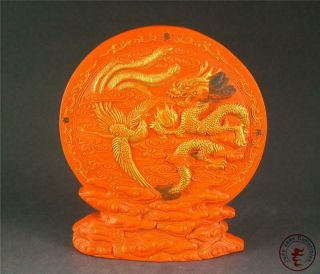 Old Chinese Cinnabar Hand Carve Table Screen Statue Dragon & Phoenix Auspicious