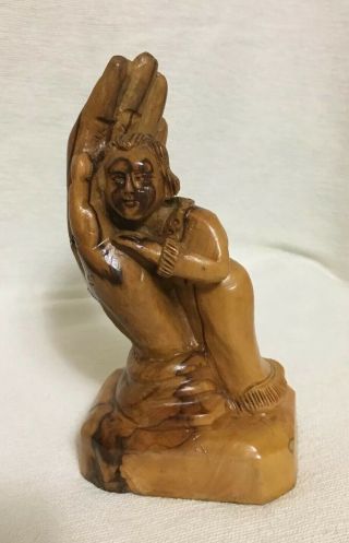 Vintage Hand - Carved Olive Wood Child In The Hand Of God From The Holy Land