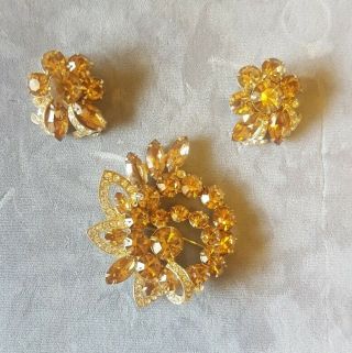Eisenberg Vintage Champagne And Clear Rhinestone Large Brooch And Earring Set
