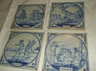 Antique Delft Blue & White Tiles (4) Religious Scenes Angels W/soldiers/huts