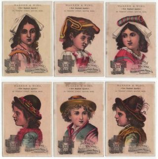 (6) Vintage Household Sewing Machine Trade Cards,  Girls And Boys,  Native Dress
