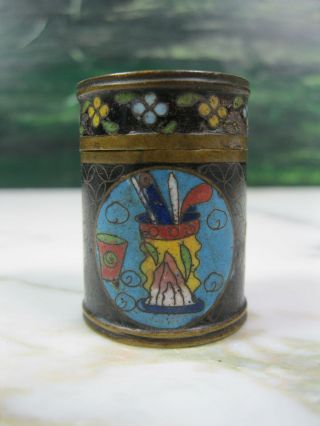 Antique Chinese Black Cloisonne Enamel Opium Snuff Box W 3 Vignettes Gilt Copper