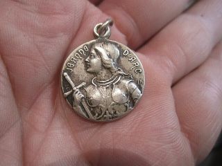 1900 Vintage Medal Silver: Saint Joan Of Arc In Armor Holding Famous Sword