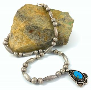 19 " Vintage C.  1970s Navajo Sterling Silver Kingman Turquoise Bench Bead Necklace