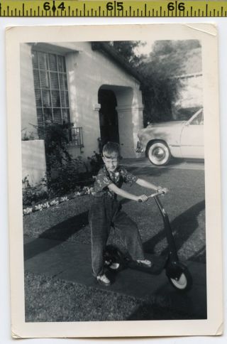 Vintage 1949 Photo / Little Boy On Push Scooter Is Ready To Chase Cars With Fido