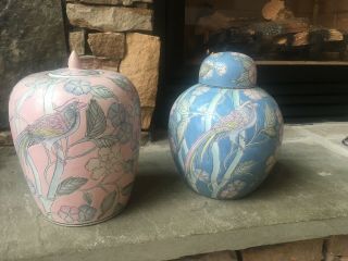 Vintage Wbi Set Of 2 - 1 Pink And 1 Blue Lidded Ginger Jar/urn/vase Handpainted