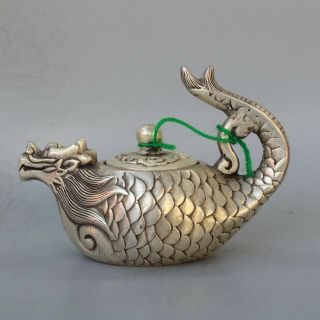 Collectable China Handwork Tibet Miao Silver Carve Dragon Goldfish Tibet Tea Pot