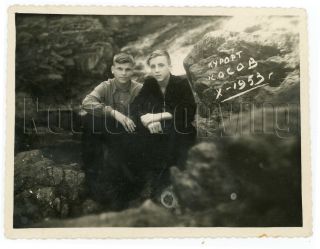 1953 Two Soviet Handsome Guys Cute Boys Athlete Embrace Resort Russian Photo