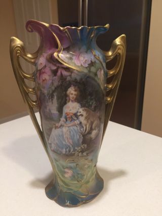 Antique Royal Vienna Germany Vase 2 Gold Handles Floral Blue Portrait Lady 9”