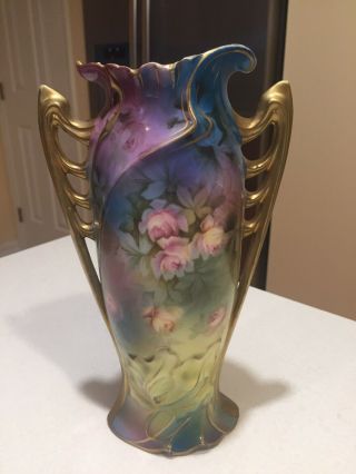 ANTIQUE ROYAL VIENNA Germany Vase 2 Gold Handles Floral Blue Portrait Lady 9” 2